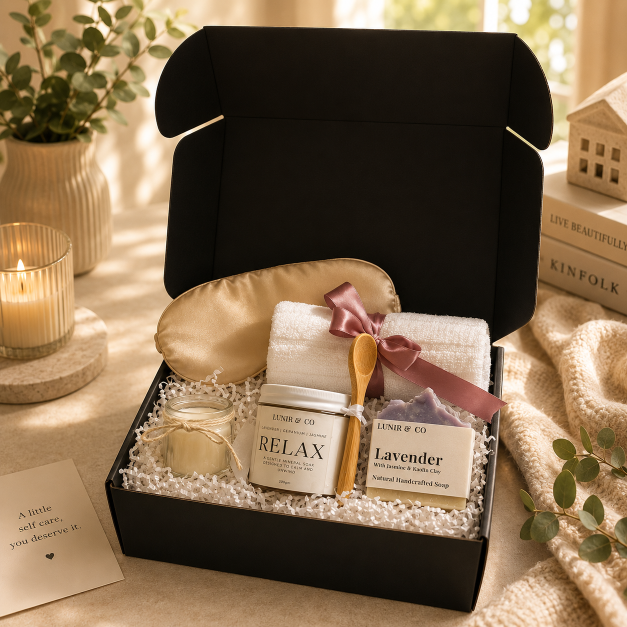 Gift set with bath items including a candle, soap, and towel in a black box on a soft surface.