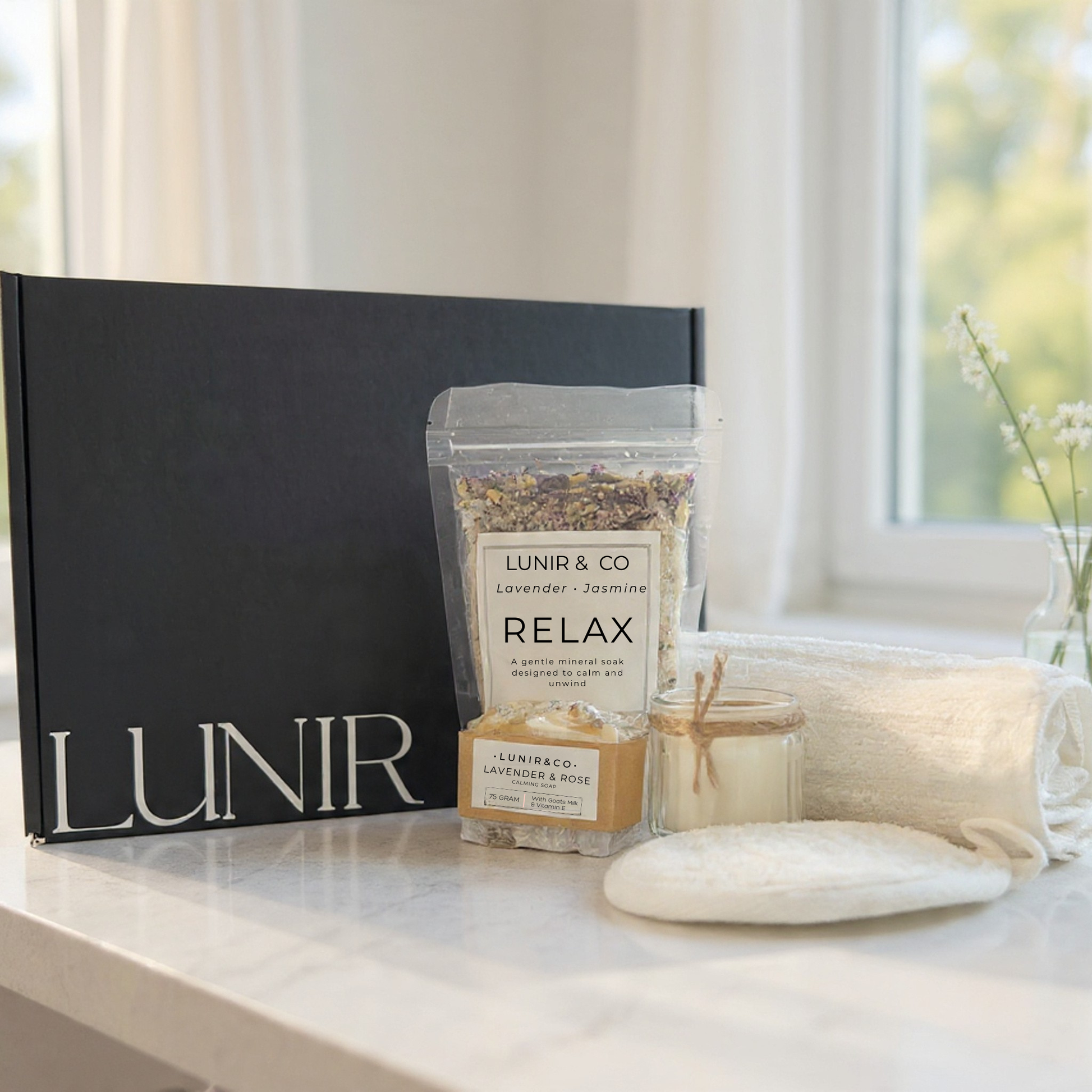 LUNIR & CO product packaging on a table with a blurred background