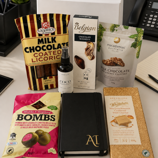 Assorted snacks and a notebook on a desk