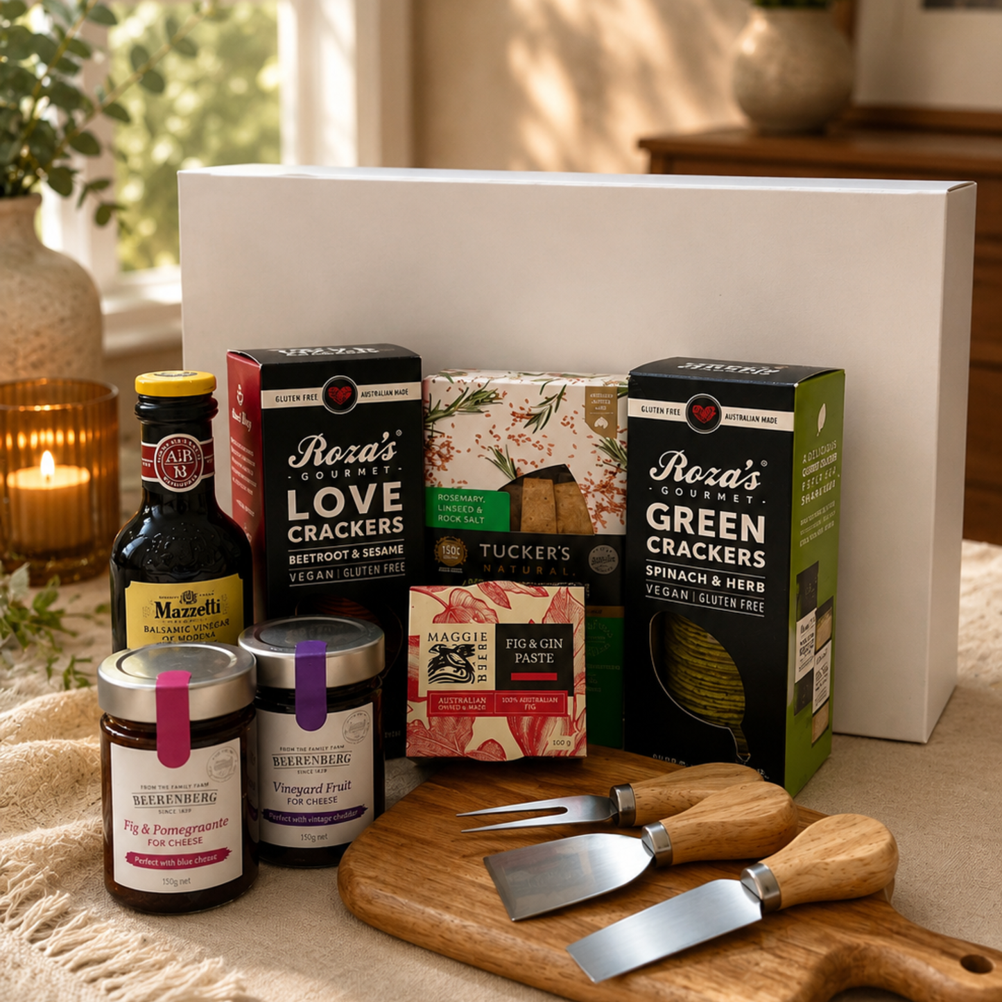 Assorted food items including crackers, jams, and a cutting board with utensils on a table.