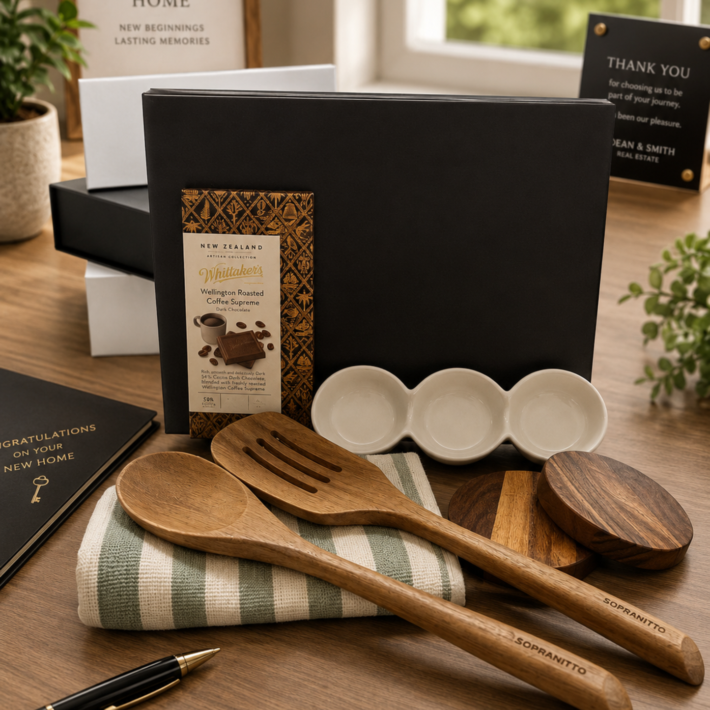 Wooden utensils on a striped cloth with a black album and coffee package in the background.