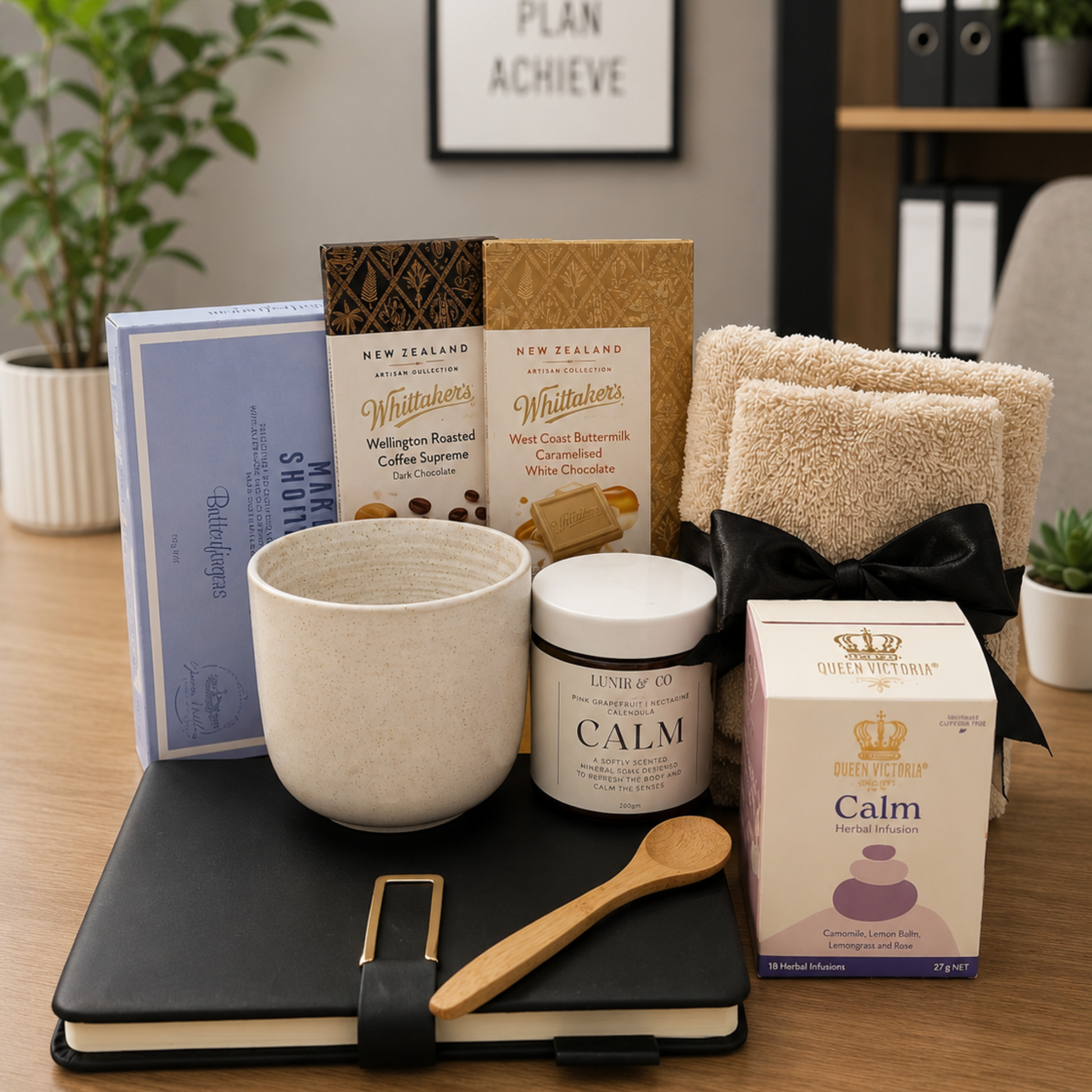 Assorted items including a mug, candles, and a notebook on a desk with a plant and framed picture in the background.