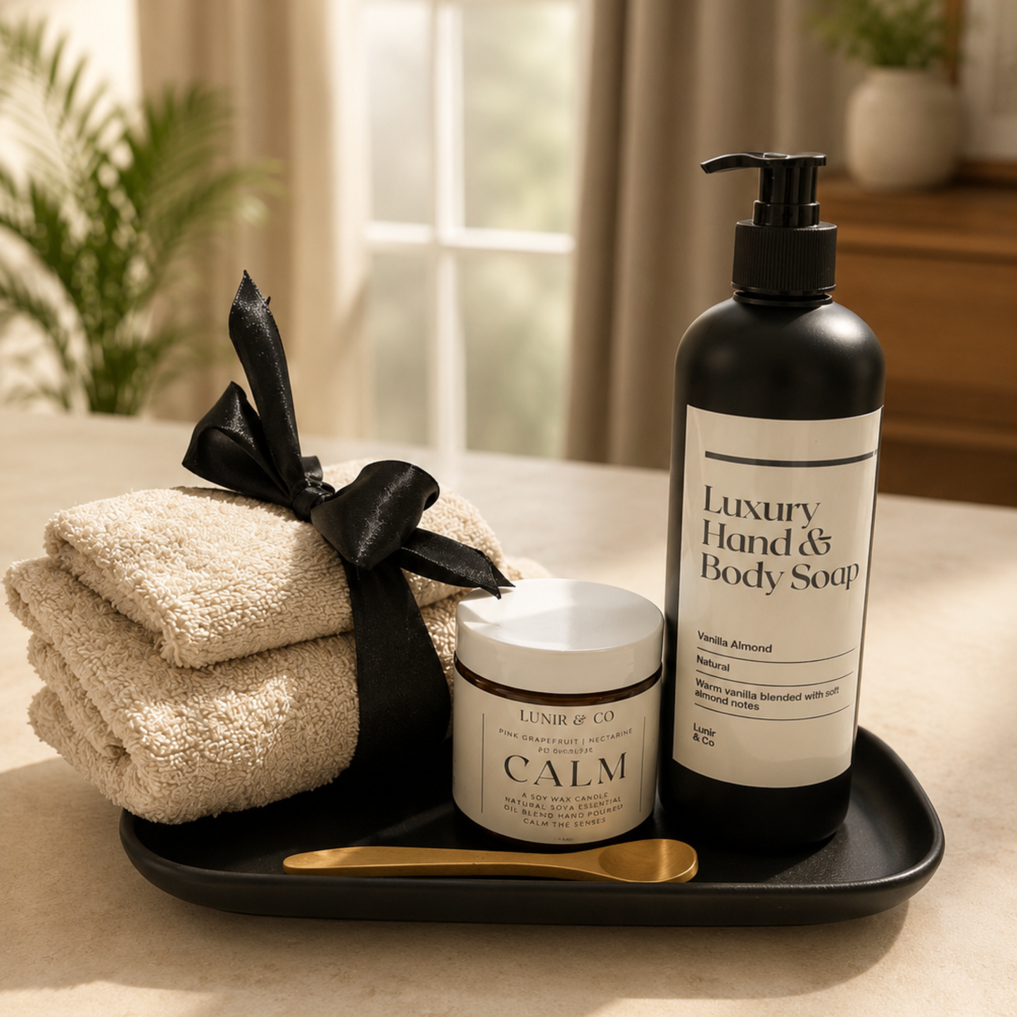 Bath and body products including towels, soap, and a jar on a tray with a blurred indoor background.