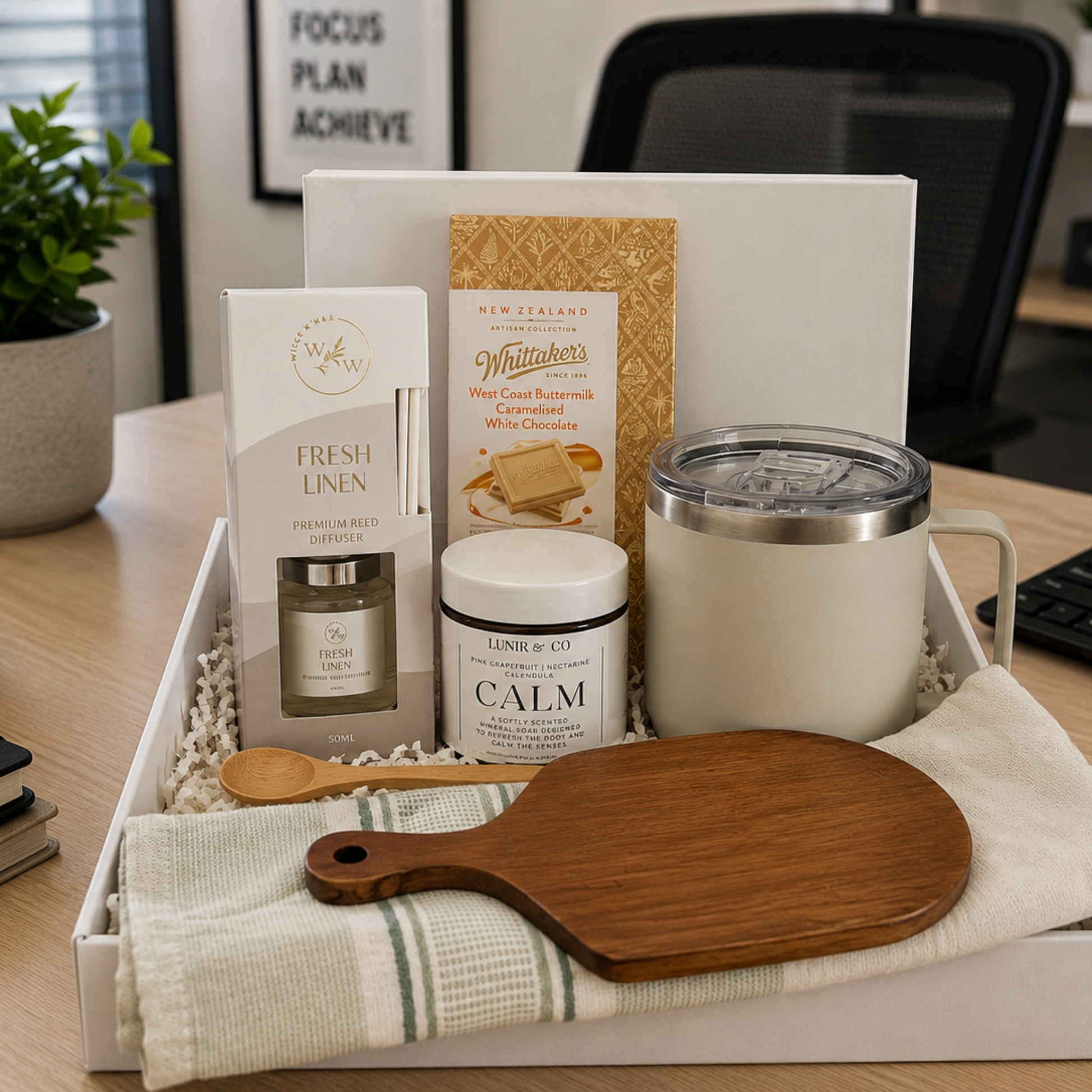 Gift tray with various items including a mug, candles, and a cutting board on a desk.