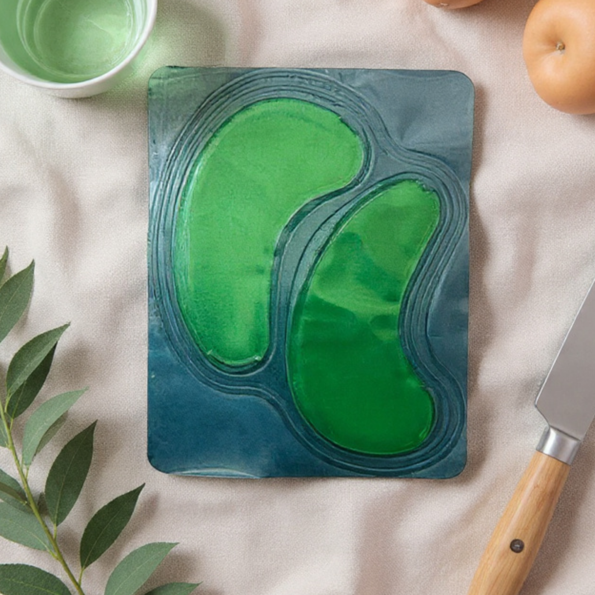 Green and blue marbled gel eye mask on a light surface with a knife and apples in the background