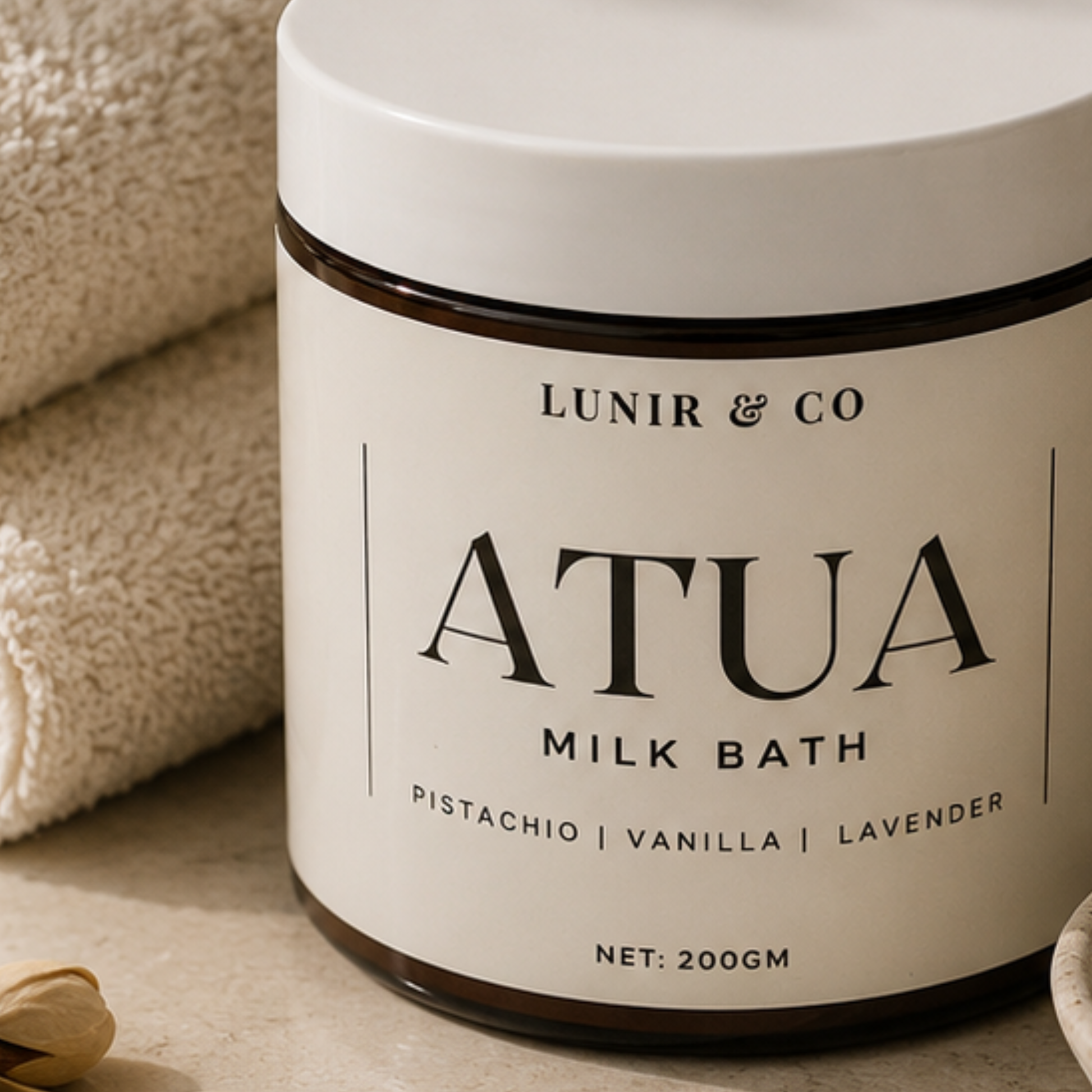Jar of 'ATUA Milk Bath' by Lunir & Co with a towel in the background