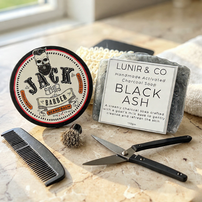 Grooming products including a candle, wax stick, and after-shave balm in a black box labeled 'LUNIR & CO'.