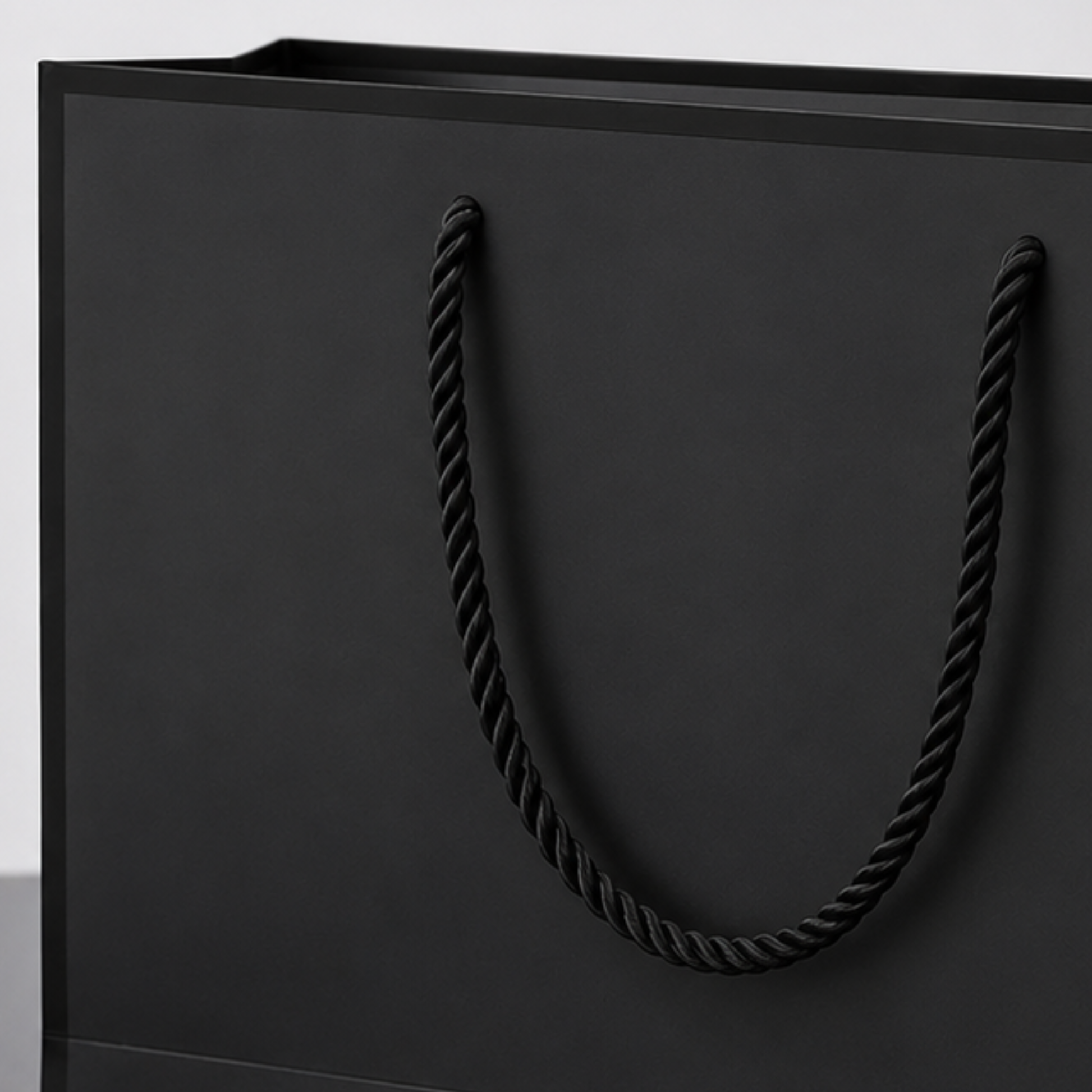 Black paper bag with a rope handle on a white background