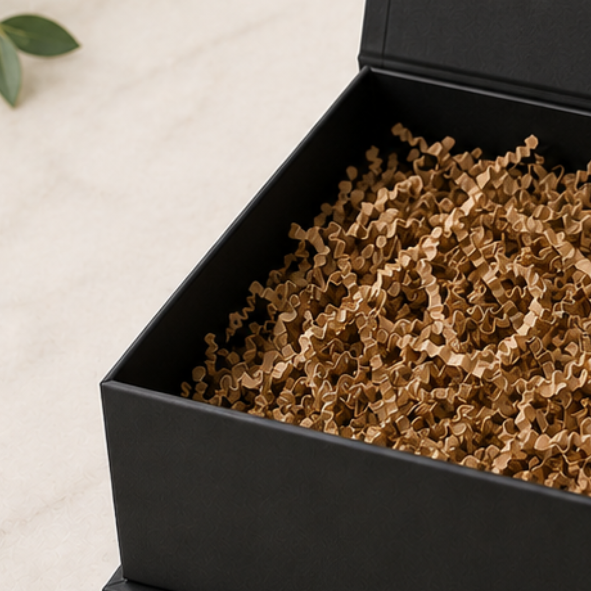 Black box with brown packing peanuts on a light background