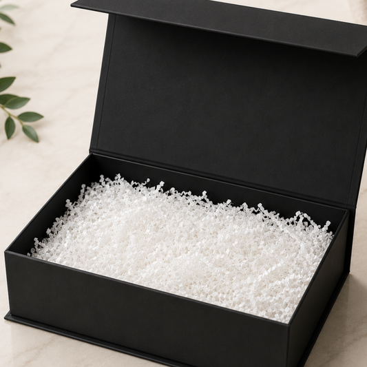 Black box with white beads inside on a light background