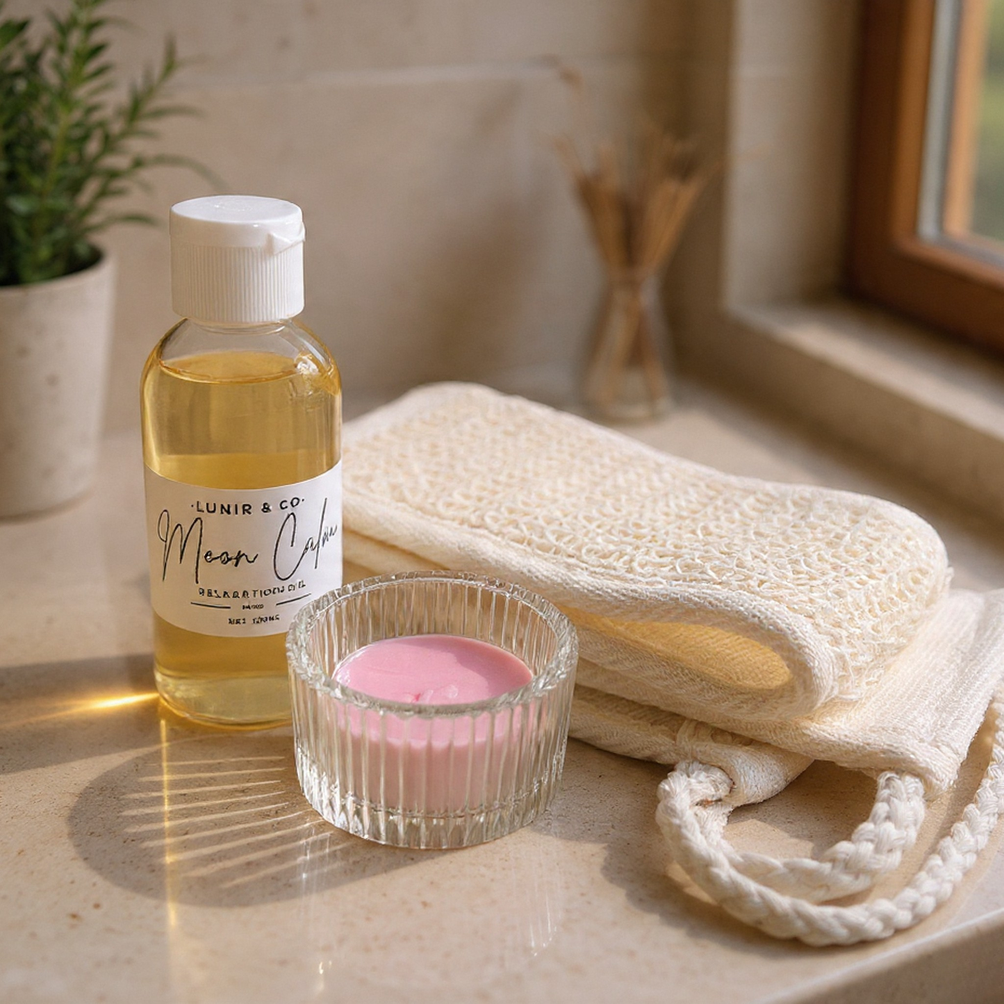 Skincare products including a jar, bottle, and candle on a marble surface with a 'LUNI' box in the background.