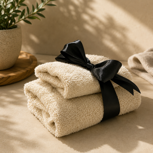 Folded beige towels with a black ribbon on a neutral background