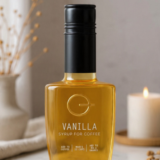 Bottle of vanilla syrup for coffee with a black cap on a neutral background