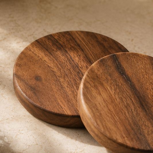 Two wooden coasters on a beige surface