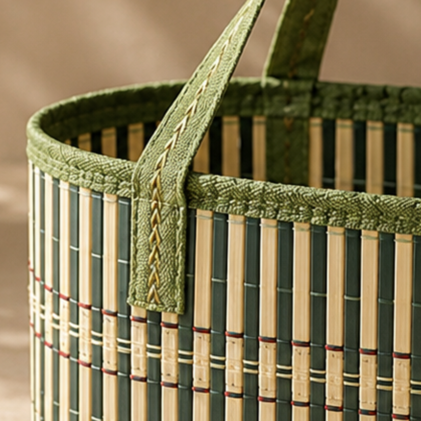 Close-up of a woven basket with green handle and plaid pattern.