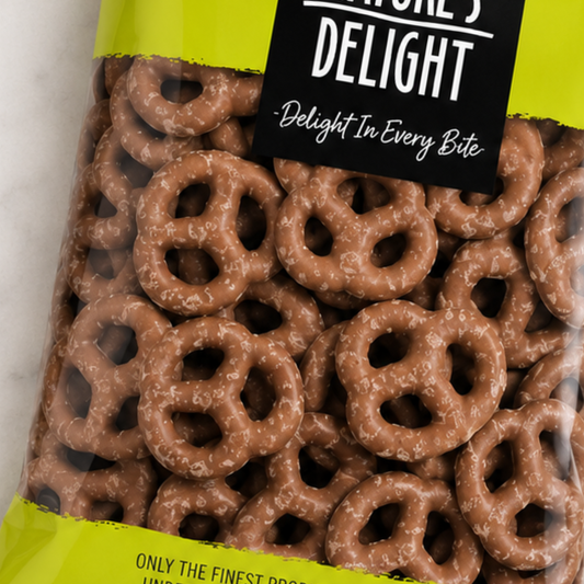 Packaged chocolate pretzels with 'Nature's Delight' label on a light background