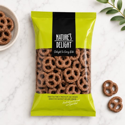 Packaged snack with 'Nature's Delight' label on a marble surface with pretzels.