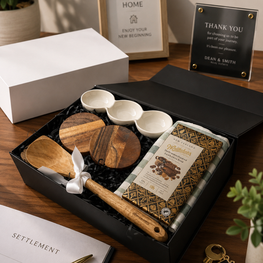 Gift set with wooden items and a book in a black box on a wooden surface.