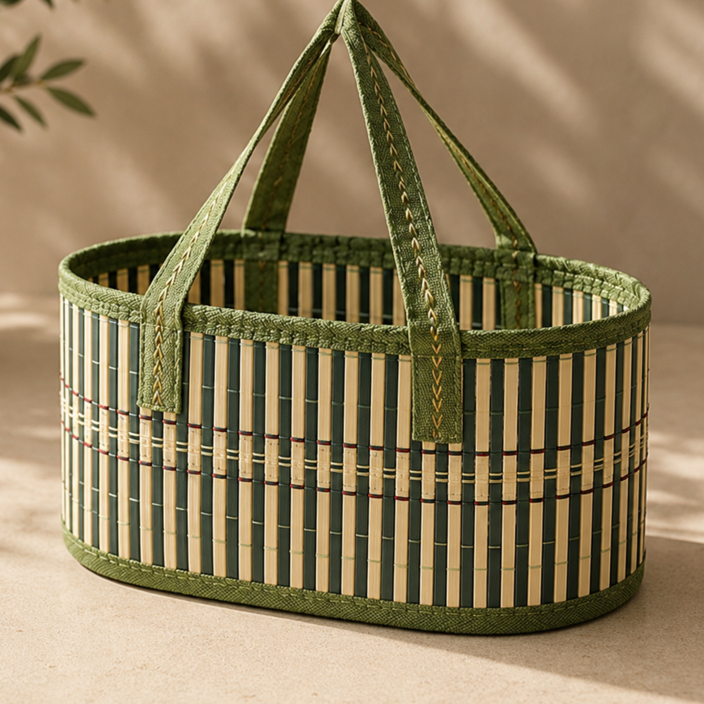 Striped basket with green and beige pattern on a neutral background