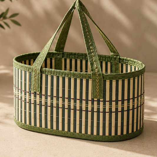 Striped basket with green and beige pattern on a neutral background