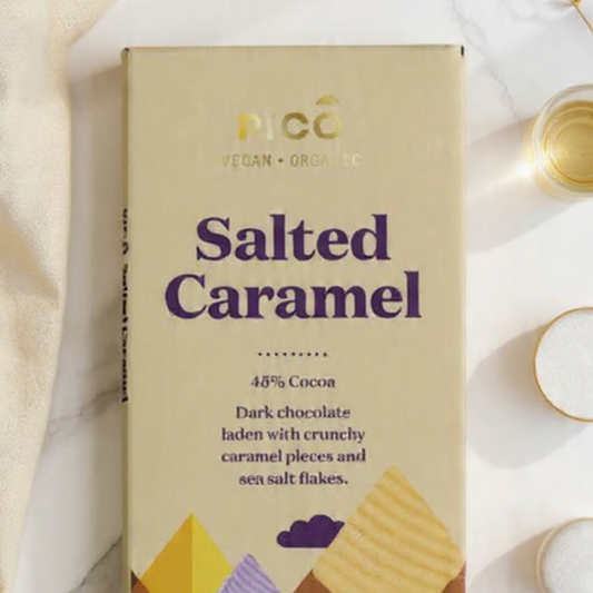 Box of Pico Vegan Organic Salted Caramel chocolate on a marble surface