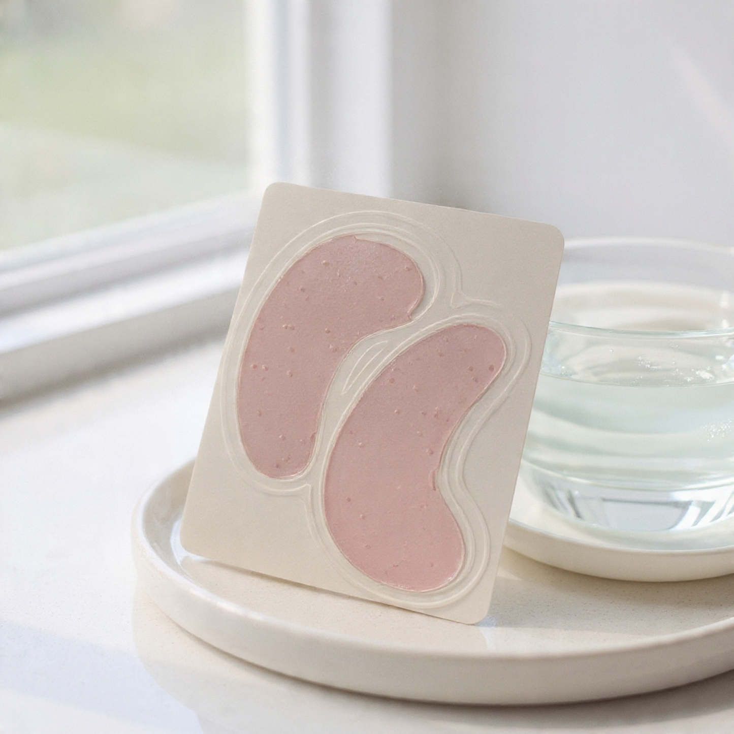 Pair of pink adhesive patches on a white card with a white background