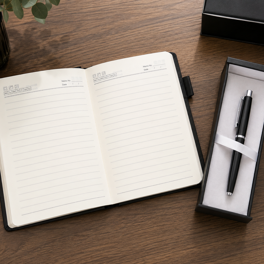 Open notebook with a pen in a box on a wooden surface
