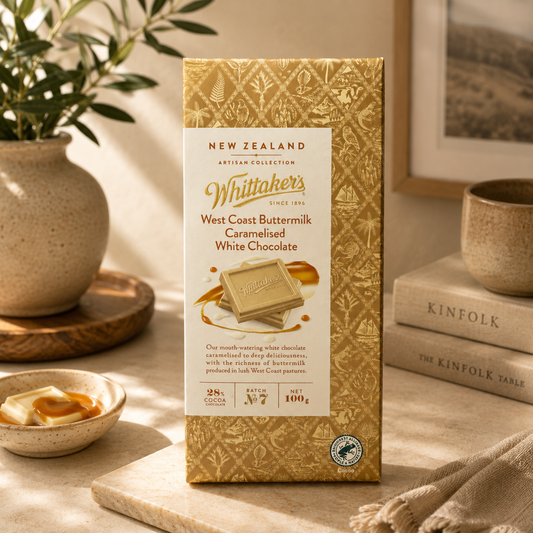 Whittaker's chocolate box on a table with a plant and books in the background