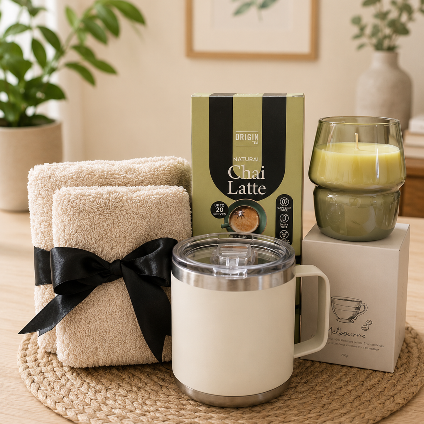 Gift set with towels, mug, and tea box on a wooden surface with plants in the background