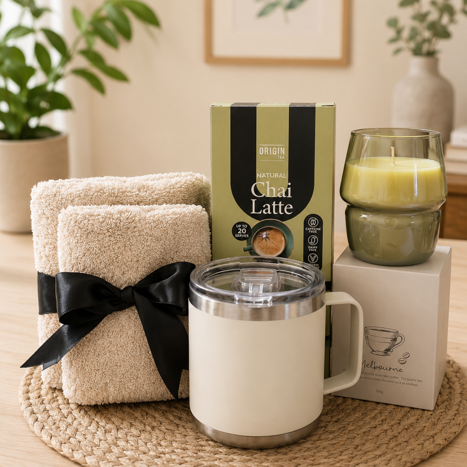 Gift set with towels, mug, and tea box on a wooden surface with plants in the background
