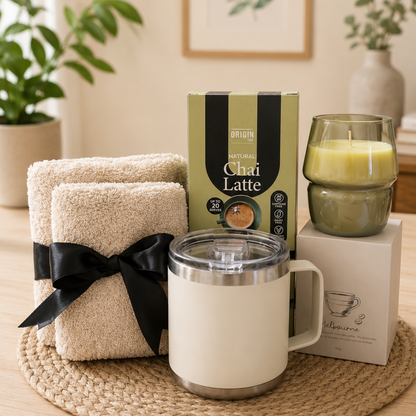 Gift set with towels, mug, and tea box on a wooden surface with plants in the background