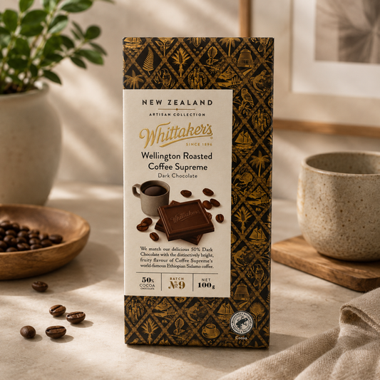 Whittaker's Wellington Roasted Coffee Supreme chocolate packaging on a table with coffee beans and a cup.