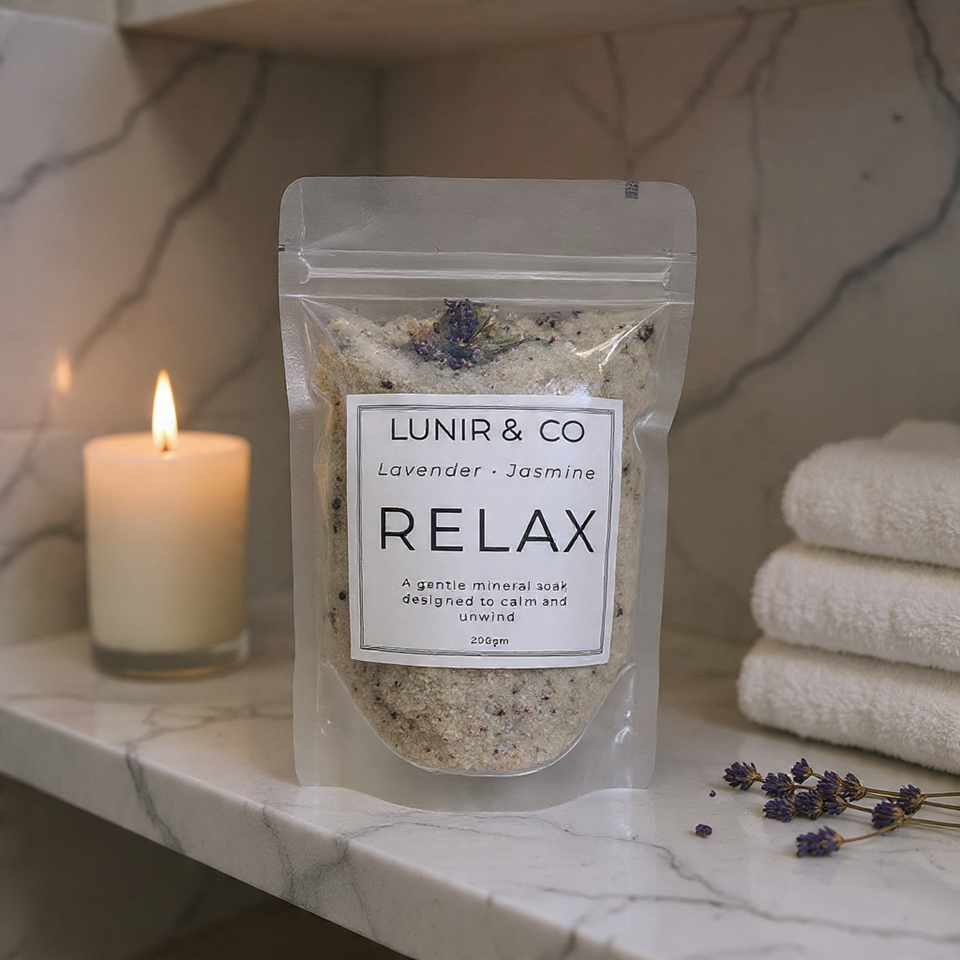 Packaged product labeled 'LUNIR & CO' with lavender and jasmine on a marble surface with a candle and towels in the background.