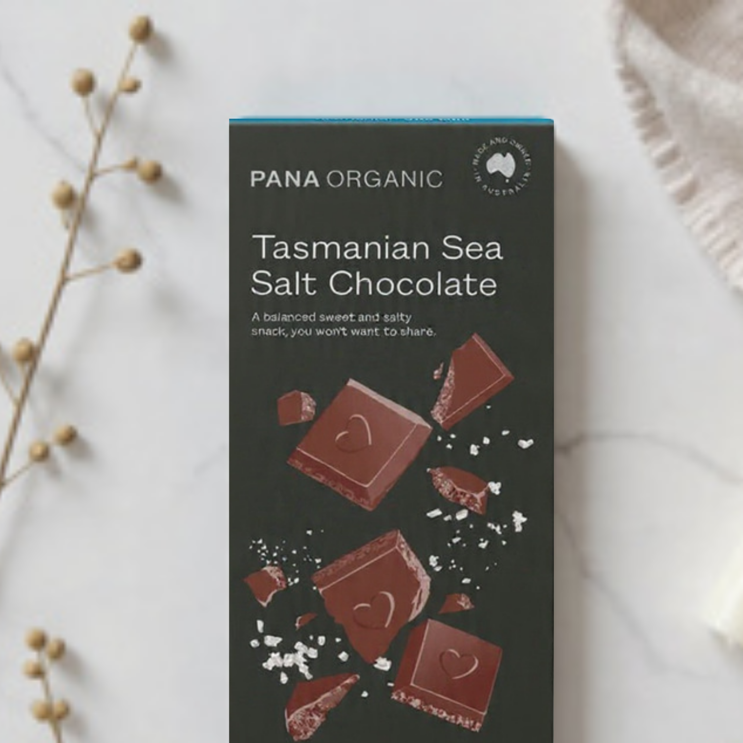 Pana Organic Tasmanian Sea Salt Chocolate packaging on a light background