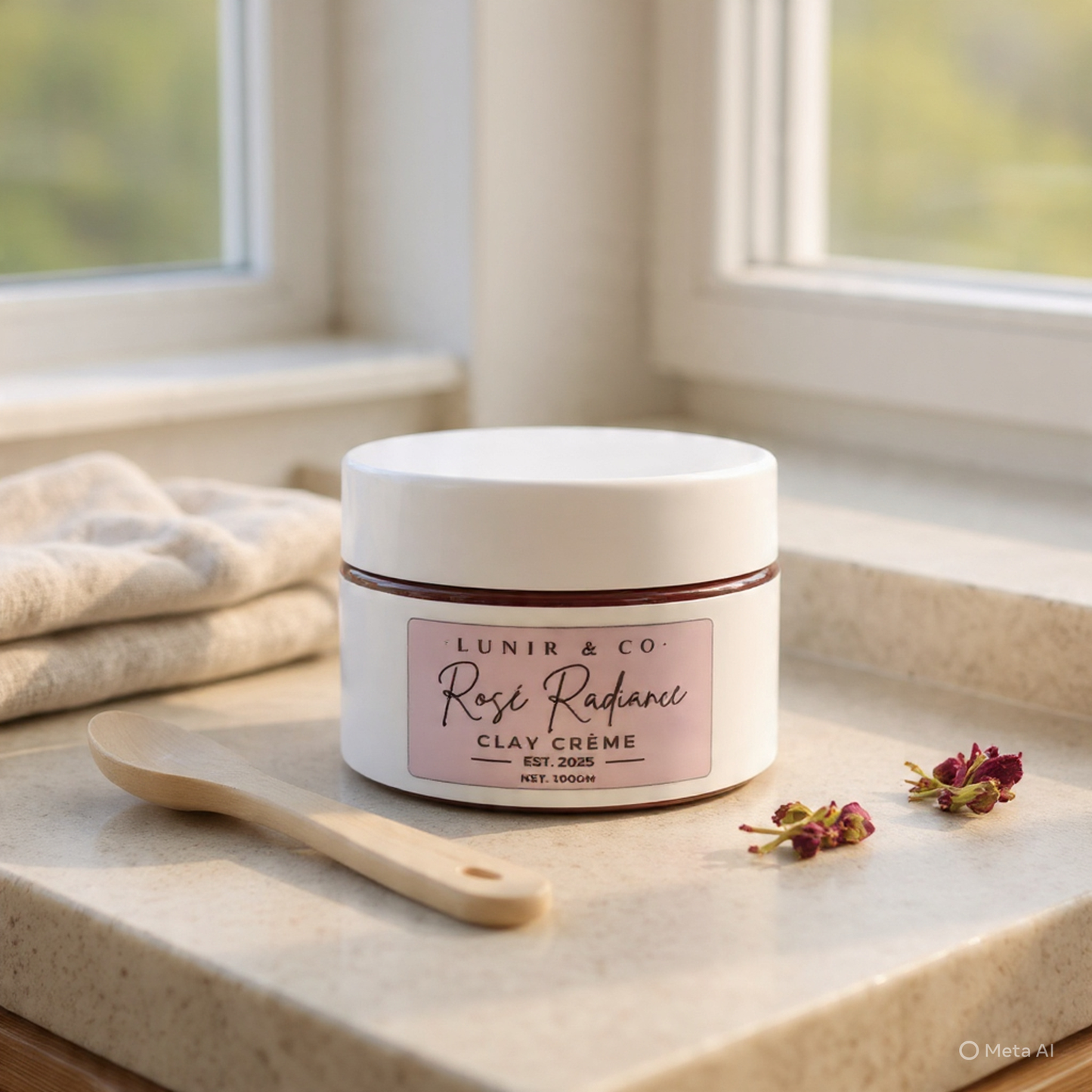 Jar of 'Lunir & Co Rose Radiance Clay Crème' on a marble surface with flowers and a wooden spatula.