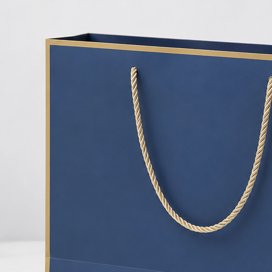 Blue paper bag with gold edge and rope handle on a white background