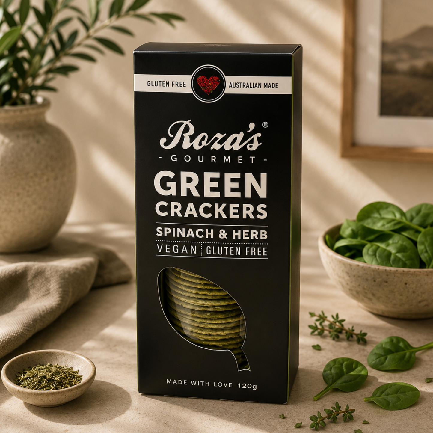 Box of Rozza's Gourmet Green Crackers with spinach and herb on a table with plants and a bowl of spinach.