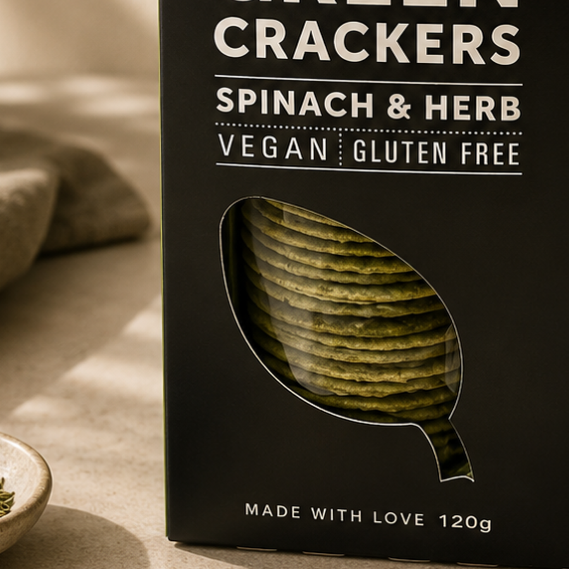 Box of spinach and herb crackers with a clear window showing the crackers inside, on a neutral background.