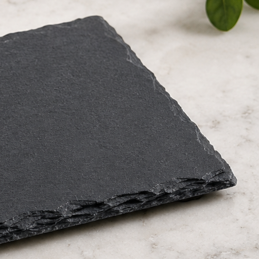 Dark gray slate stone on a light marble surface