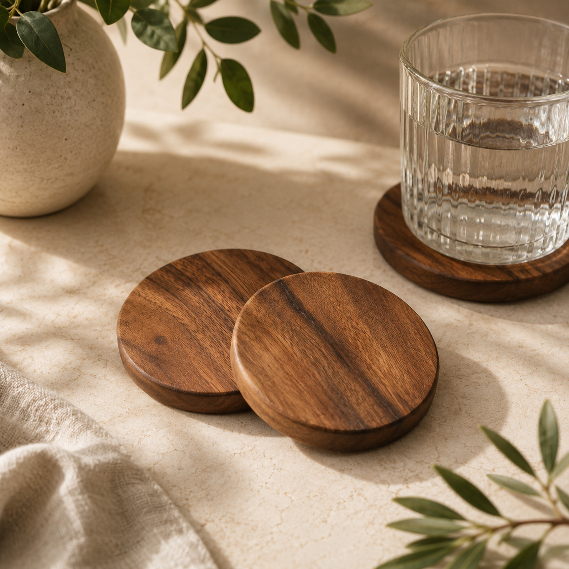 Wooden coasters on a light surface with a glass of water and a plant in the background.