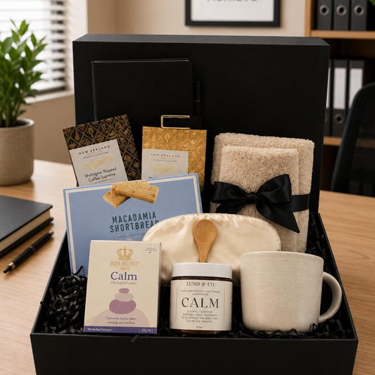 Gift basket with items including a mug, candle, and books on a desk.