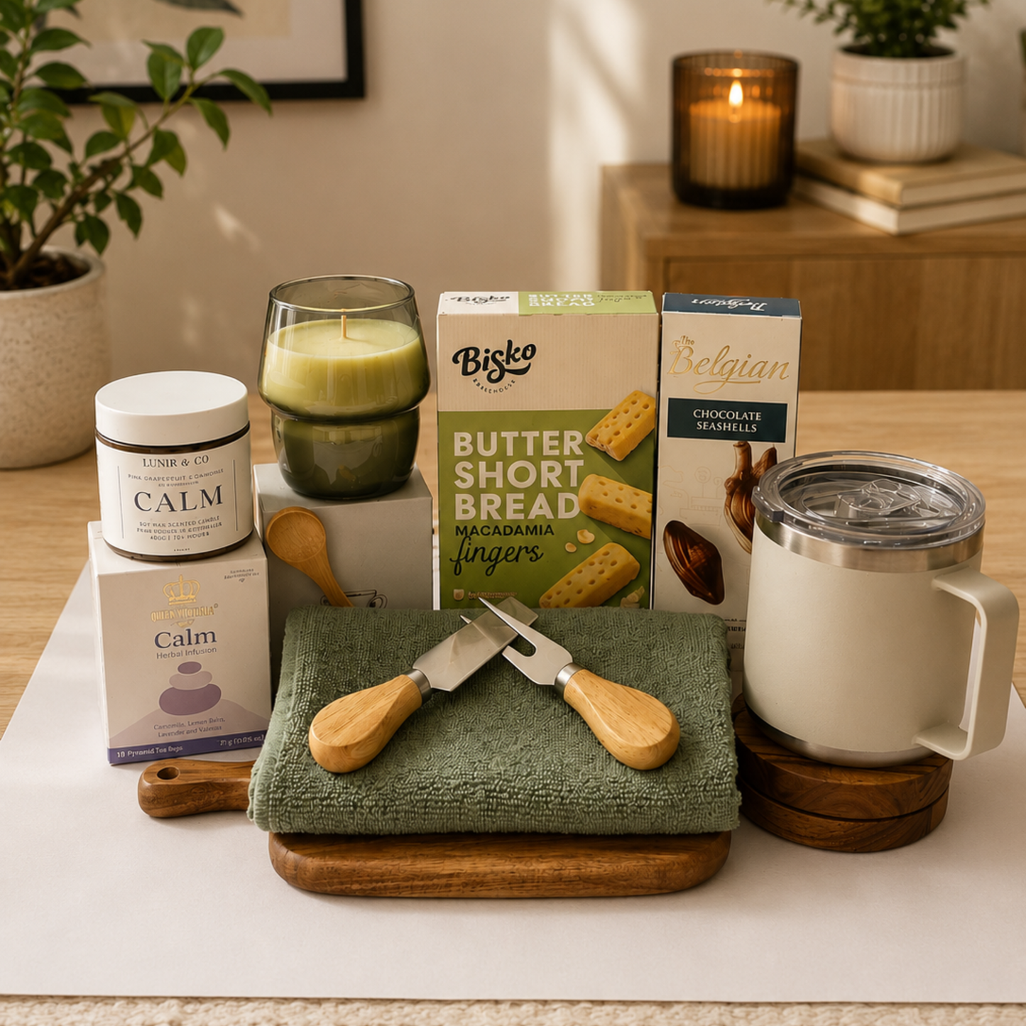 Tabletop scene with candles, a mug, and various items including a knife and a towel.