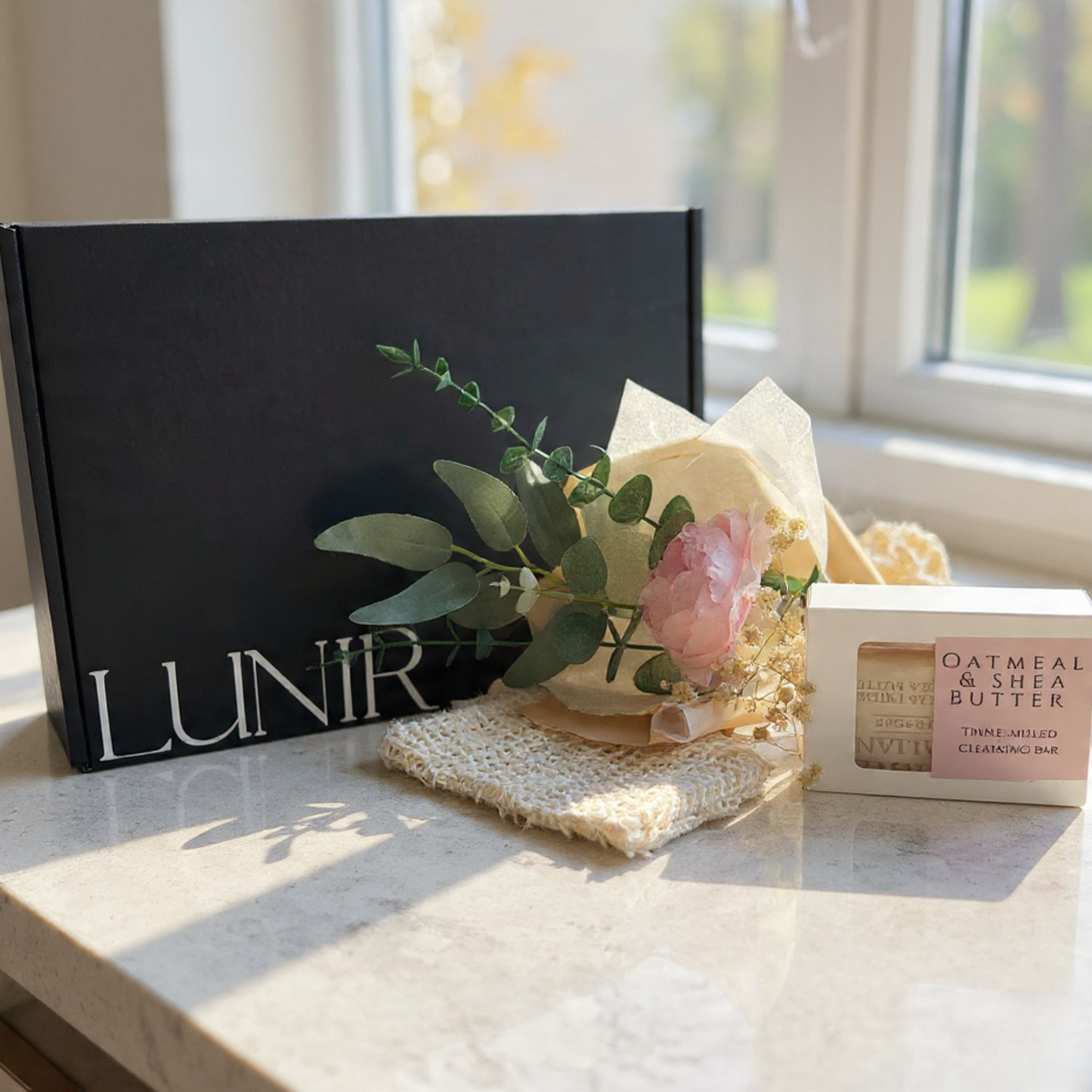 Product packaging with flowers and soap on a marble surface, featuring the brand 'LUNIR'.