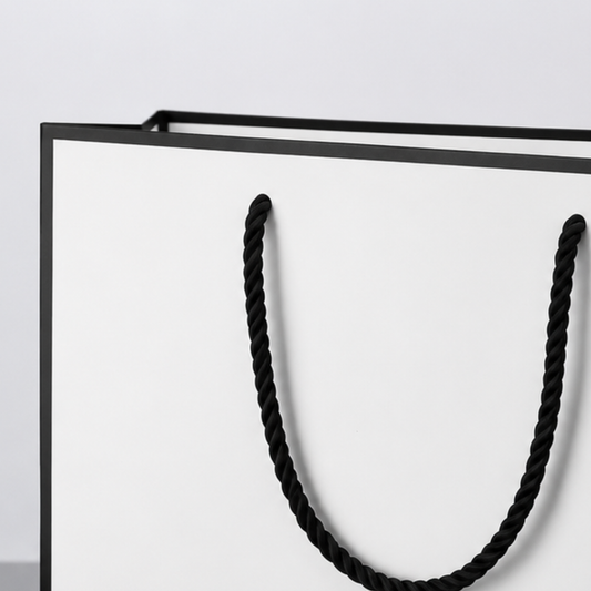 Black rectangular frame with a black rope handle on a light gray background