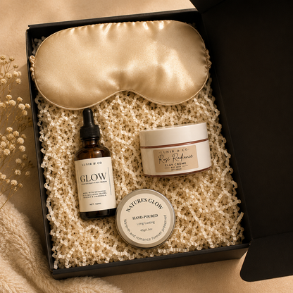 Skincare product set with eye mask, serum, and cream in a decorative box.