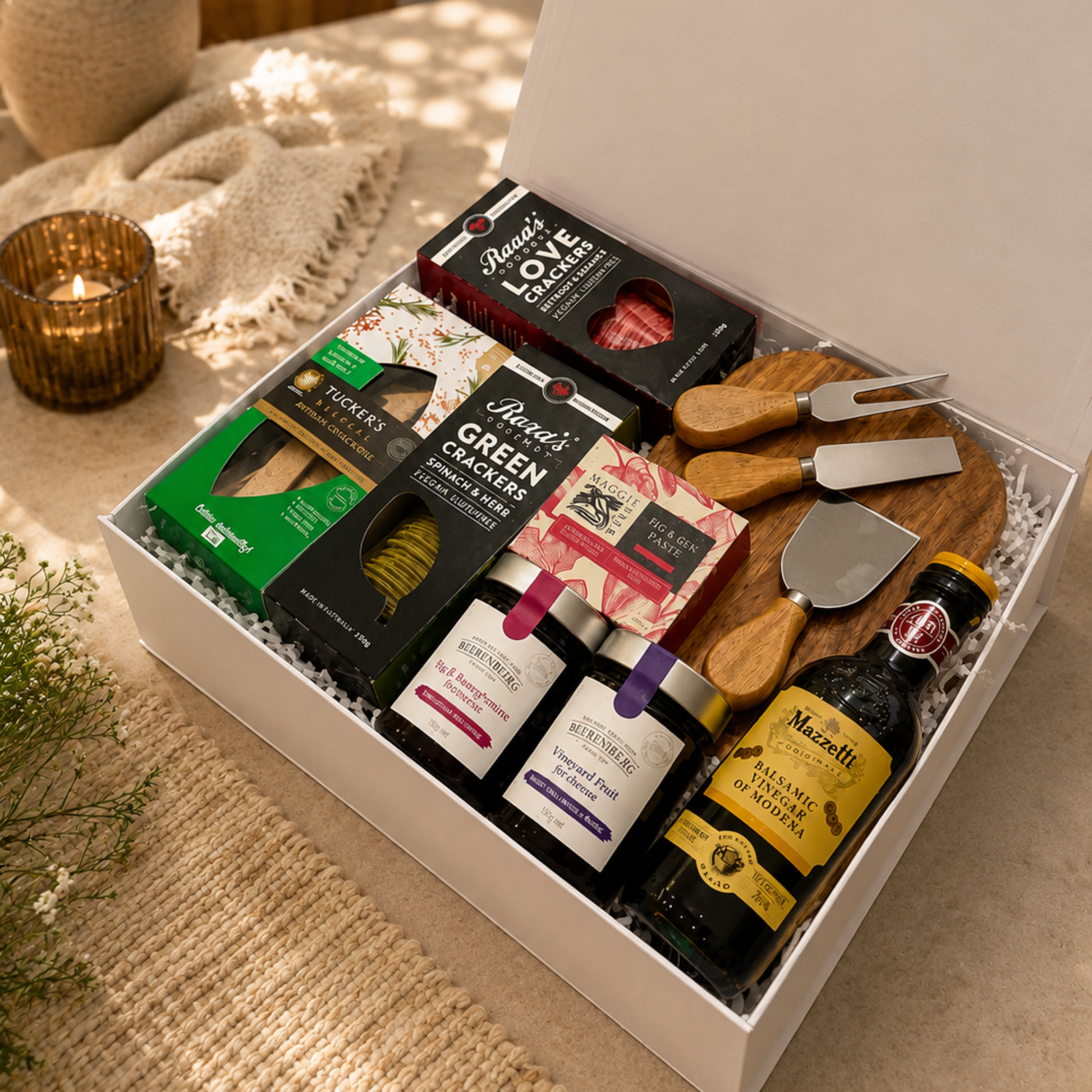 Gourmet gift box with assorted foods and cheeses on a textured surface.