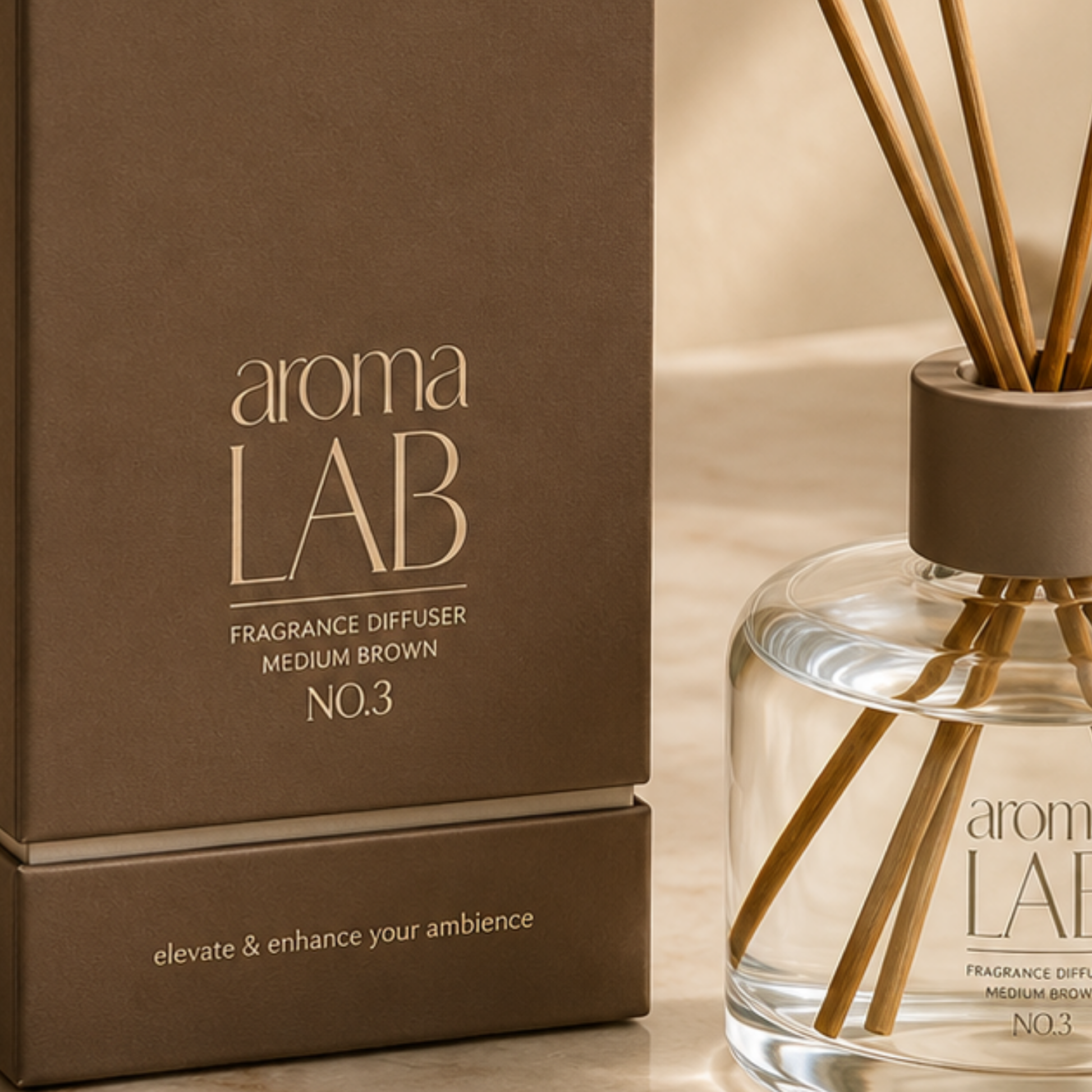 Aroma Lab fragrance diffuser with packaging on a neutral background