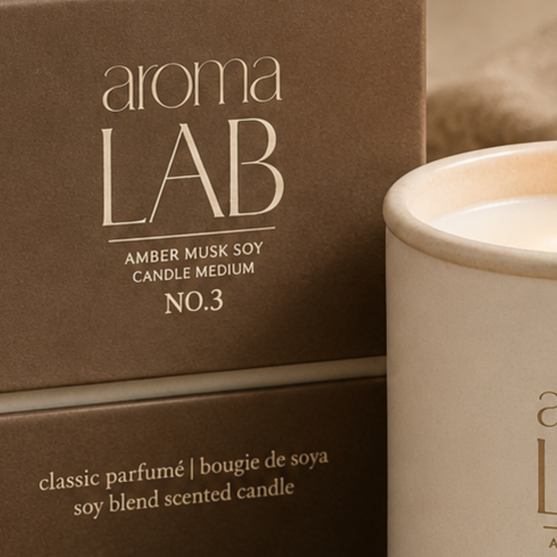 Aroma Lab candle packaging with a candle on a neutral background