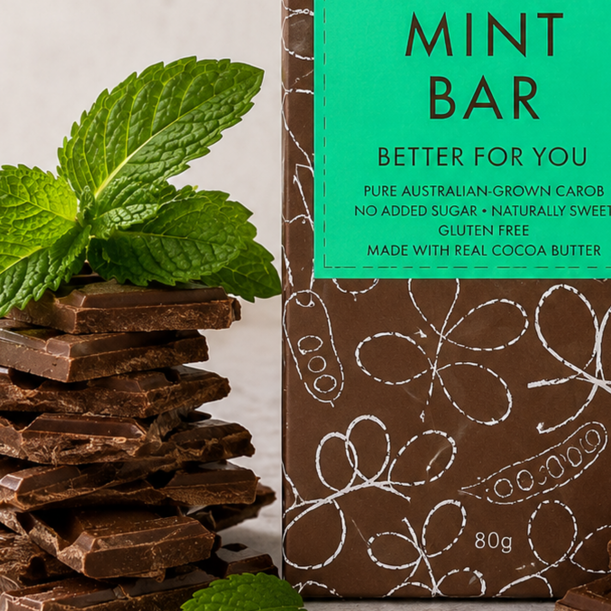 Chocolate bar with mint leaves and a packaging label on a light background