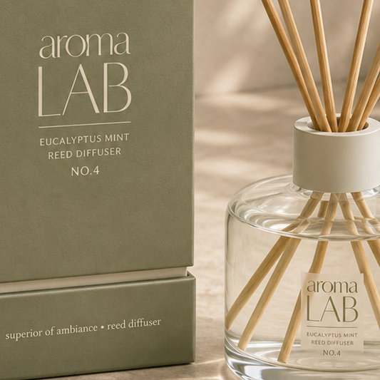 Aroma Lab eucalyptus mint reed diffuser with packaging on a neutral background